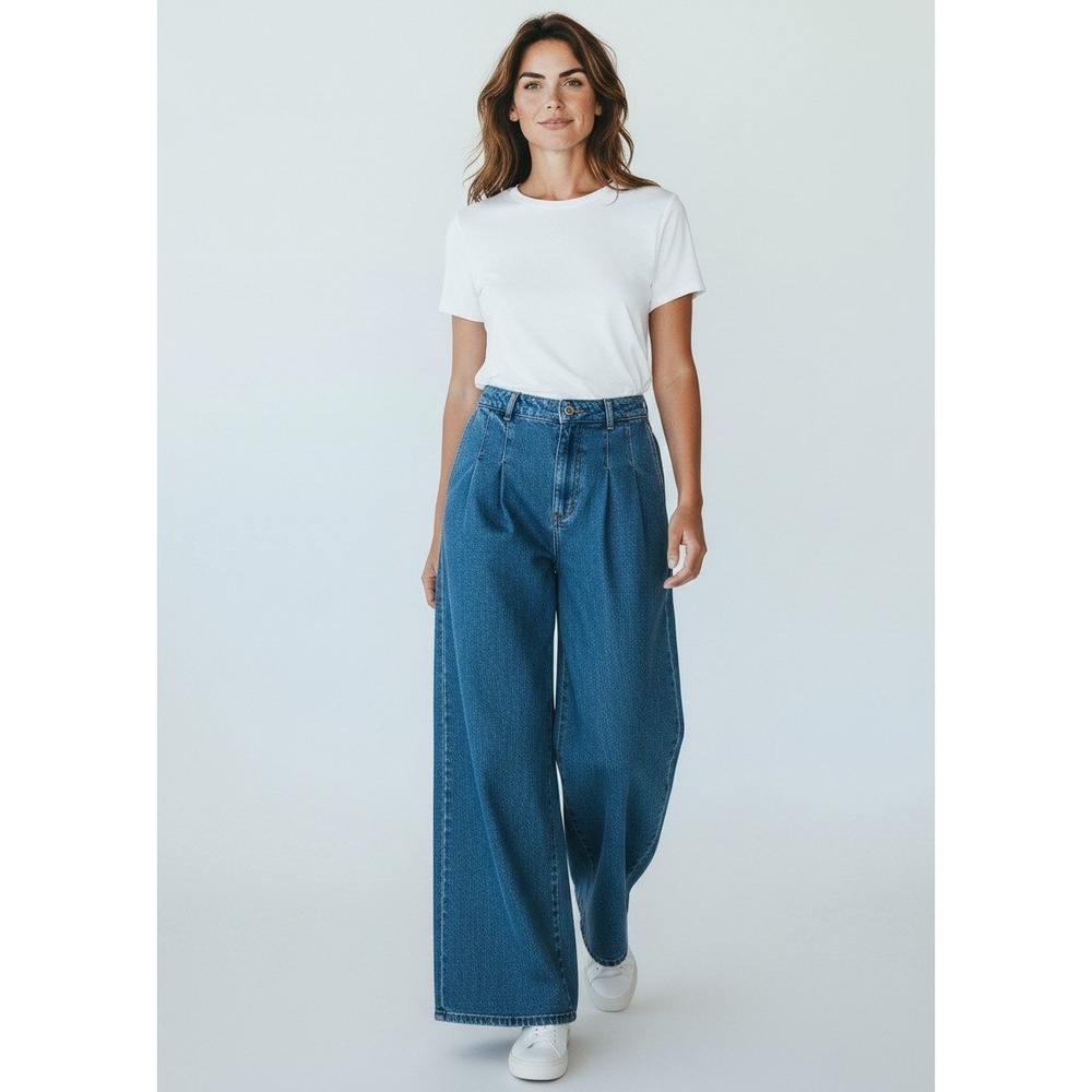 Carole Christian Wide Leg Jeans Blue Pleated High Rise Denim - Size 30